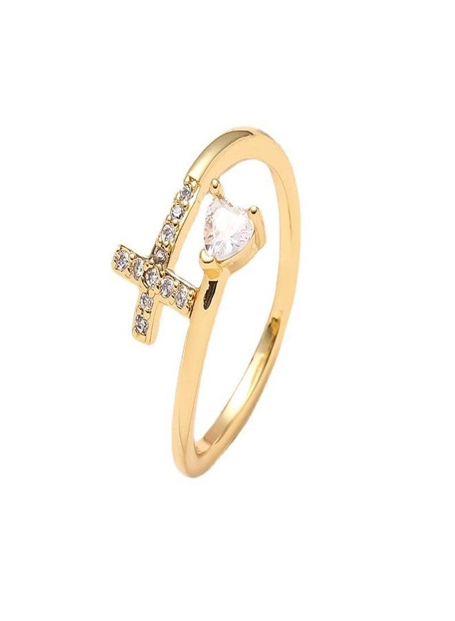 DATOA Gold Cross Heart Ring Cubic Zirconia Open Adjustable Ring Religious Christian Faith Jewelry for Her-Gold - Image 1